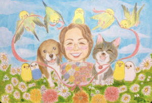 家族とペット　似顔絵